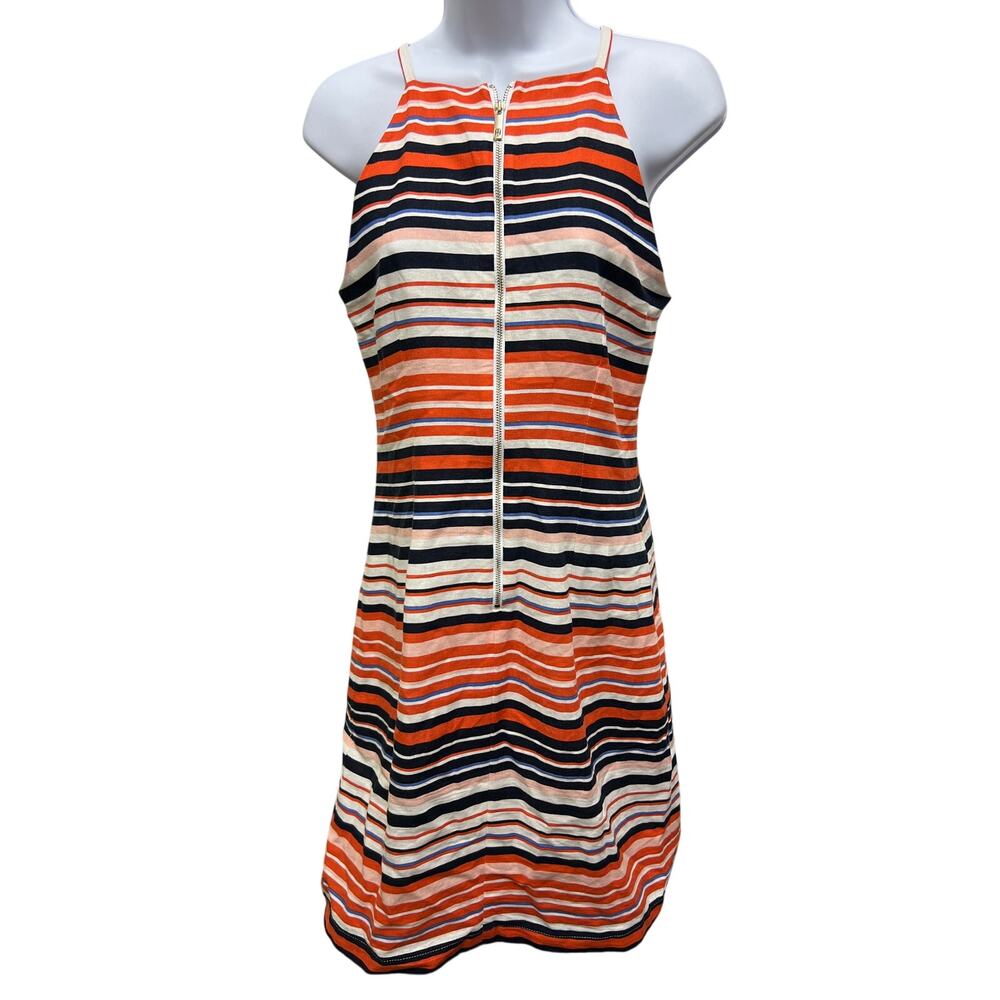Tommy Hilfiger SZ 4 Striped Sleeveless Zip Dress Red White Blue Linen Blend - Picture 1 of 4